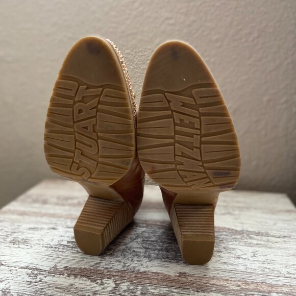 Stuart Weitzman Tan Block Heel Ankle Boot Studded Toe Left 9 Right Size 9.5 - Picture 9 of 9